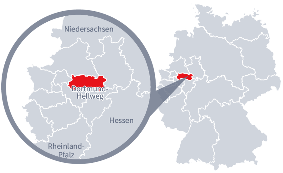 Diese Grafik zeigt eine Karte von Deutschland mit einer detaillierten Ansicht der Region Dortmund-Hellweg. Dortmund-Hellweg ist in Rot hervorgehoben und liegt im westlichen Teil Deutschlands. Ein Lupensymbol vergrößert diesen Bereich, um die Lage genauer darzustellen.