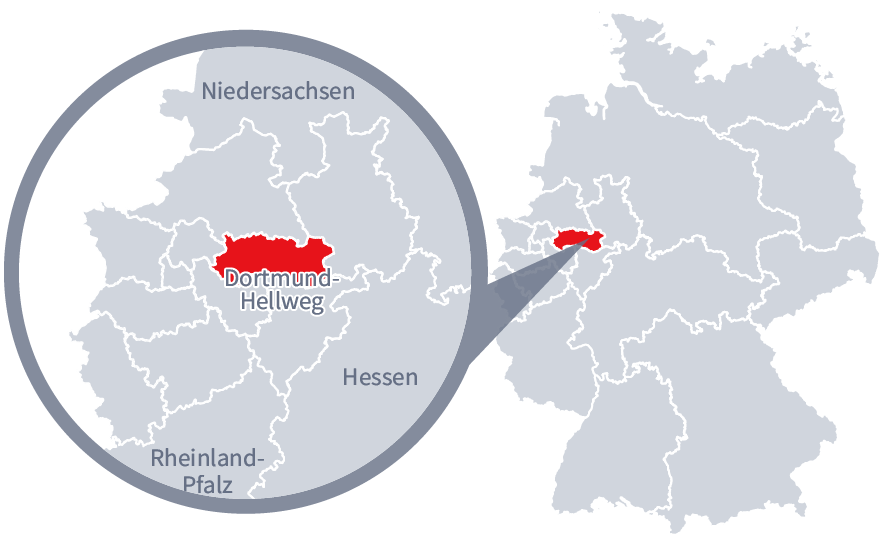 Diese Grafik zeigt eine Karte von Deutschland mit einer detaillierten Ansicht der Region Dortmund-Hellweg. Dortmund-Hellweg ist in Rot hervorgehoben und liegt im westlichen Teil Deutschlands. Ein Lupensymbol vergrößert diesen Bereich, um die Lage genauer darzustellen.