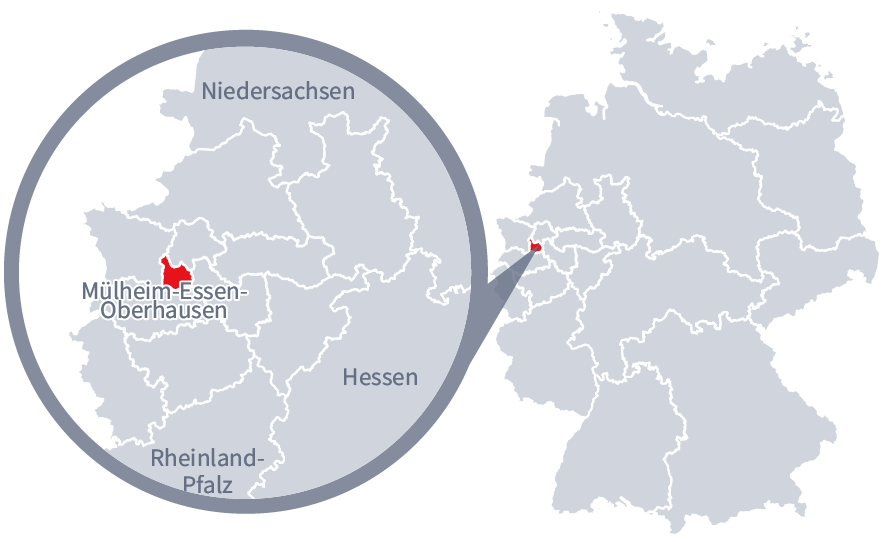 Diese Grafik zeigt eine Karte von Deutschland mit einer detaillierten Ansicht der Region Mülheim-Essen-Oberhausen. Mülheim-Essen-Oberhausen ist in Rot hervorgehoben und liegt im westlichen Teil Deutschlands. Ein Lupensymbol vergrößert diesen Bereich, um die Lage genauer darzustellen.