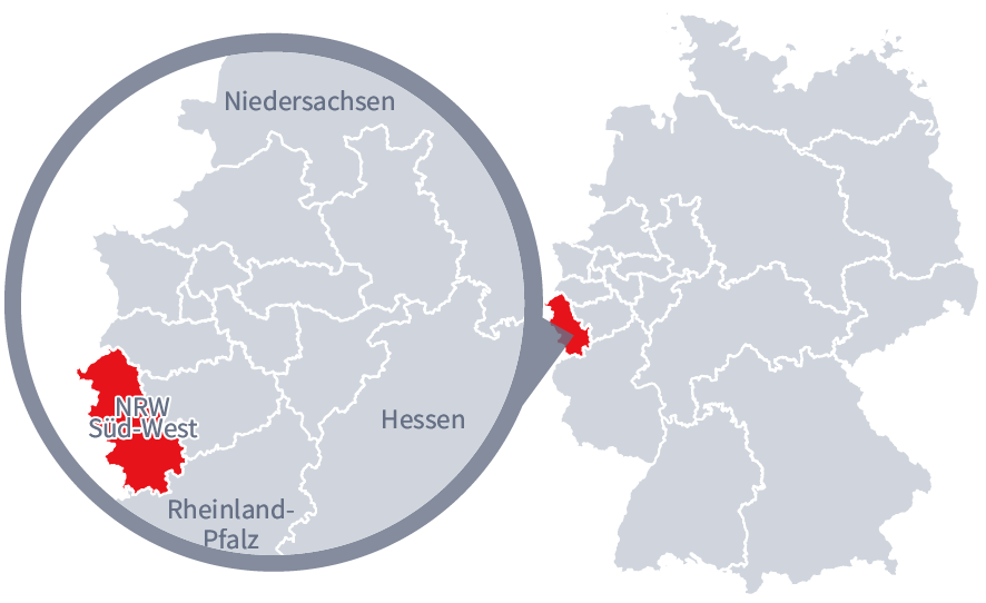 Diese Grafik zeigt eine Karte von Deutschland mit einer detaillierten Ansicht der Region NRW-Süd-West. NRW-Süd-West ist in Rot hervorgehoben und liegt im westlichen Teil Deutschlands. Ein Lupensymbol vergrößert diesen Bereich, um die Lage genauer darzustellen.