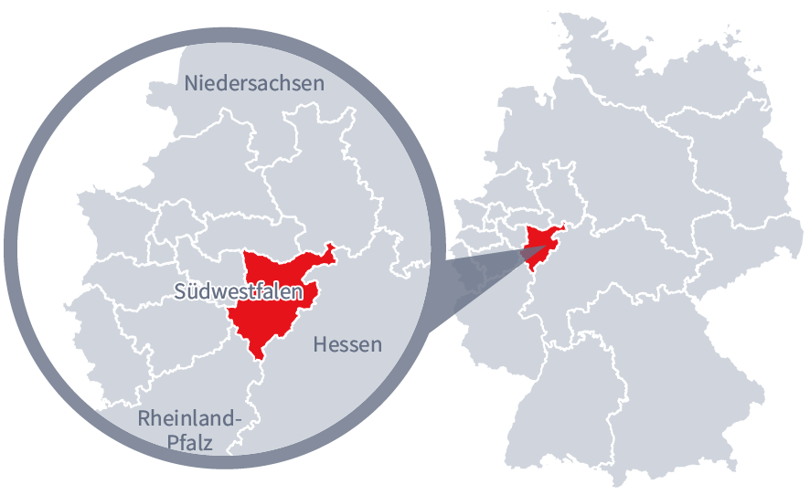 Diese Grafik zeigt eine Karte von Deutschland mit einer detaillierten Ansicht der Region Südwestfalen. Südwestfalen ist in Rot hervorgehoben und liegt im westlichen Teil Deutschlands. Ein Lupensymbol vergrößert diesen Bereich, um die Lage genauer darzustellen.